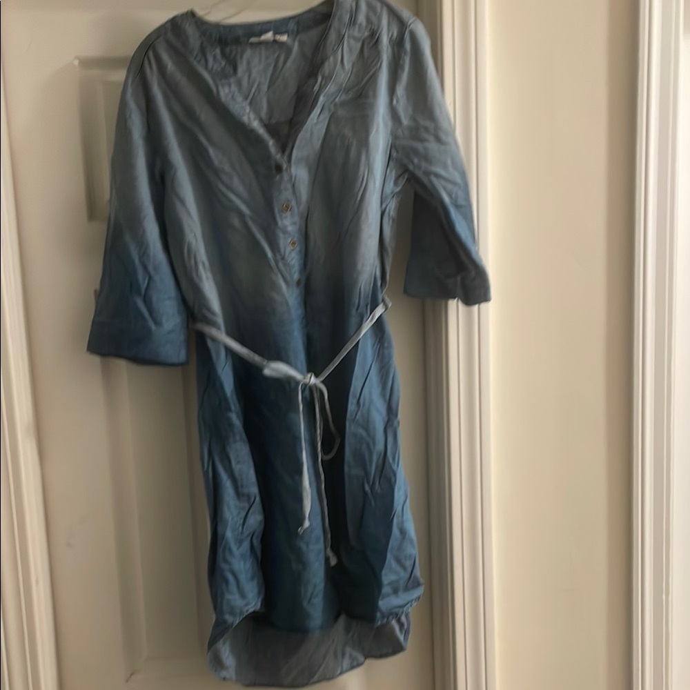 Blue Button-Up Dress with Belt